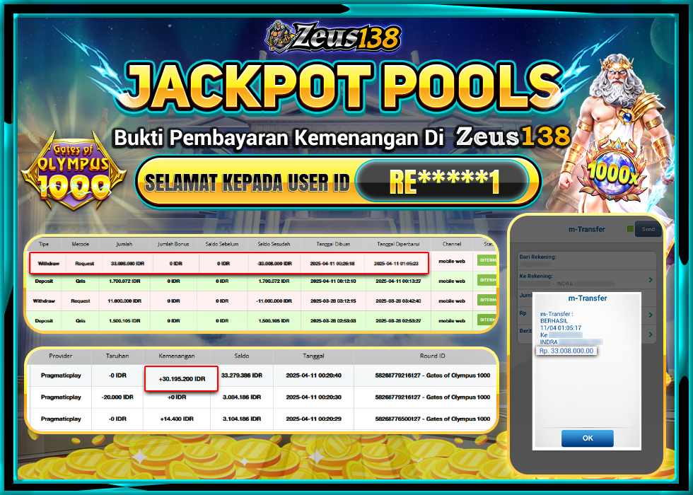 ZEUS138 GATES OF OLYMPUS 1000  Rp.33.008.000,- LUNAS