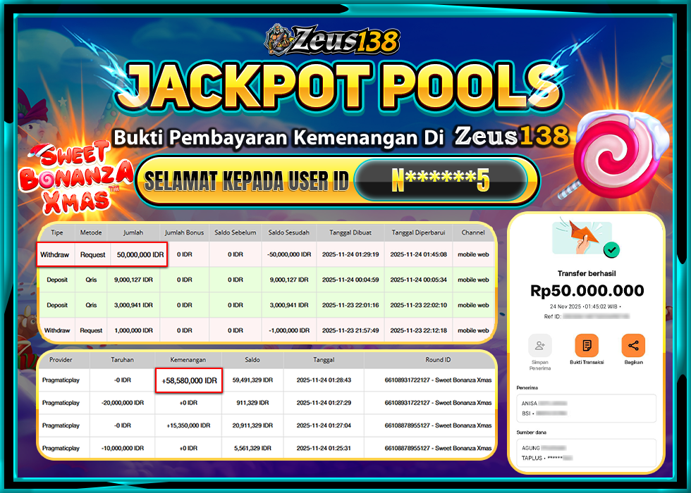 ZEUS138 SWEET BONANZA XMAS Rp 50,000,000 LUNAS 